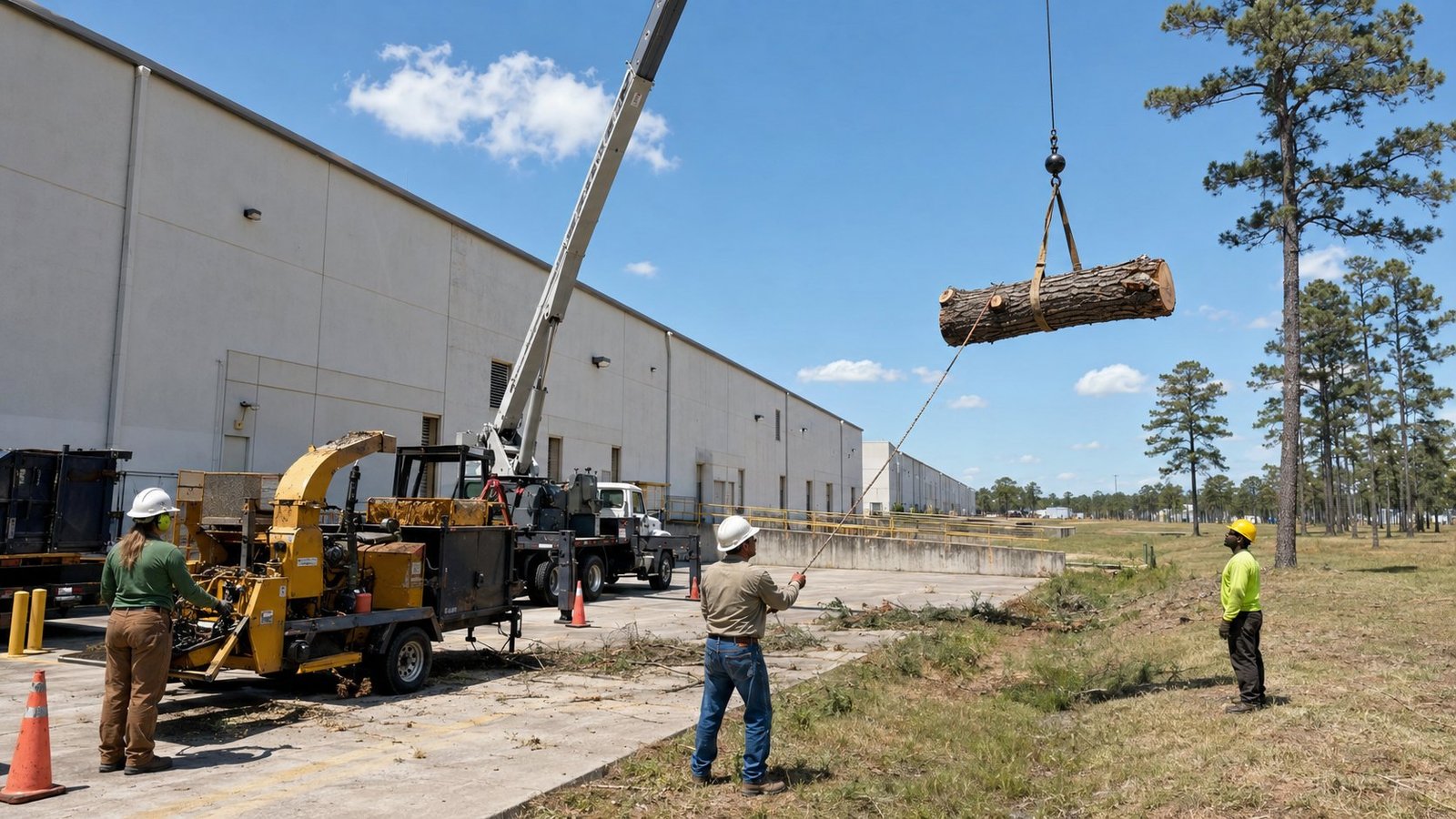 Crane lifting a large tree section over a house in Longview, TX
