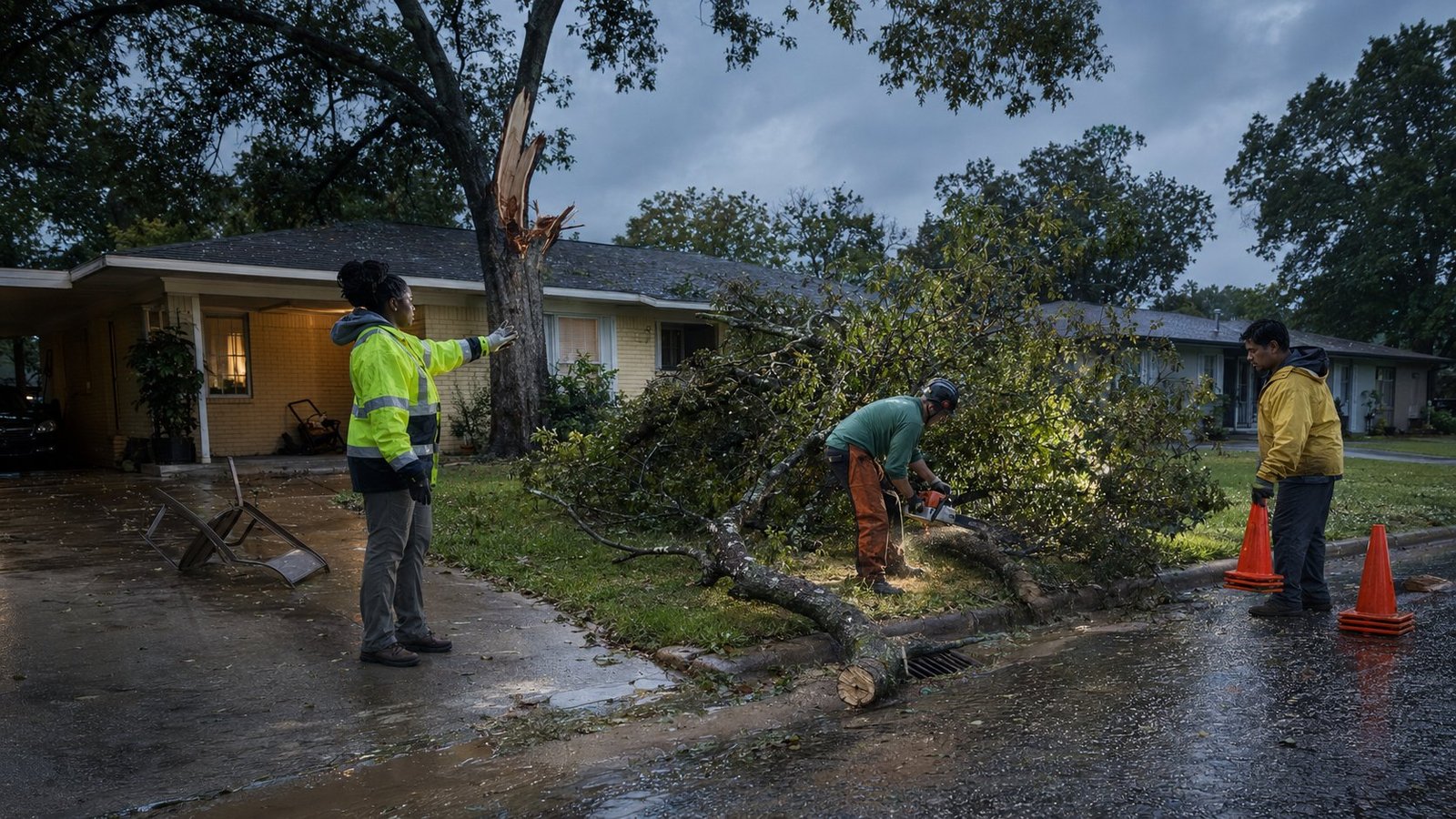 Storm-fallen tree being removed from a roof in Longview, TX