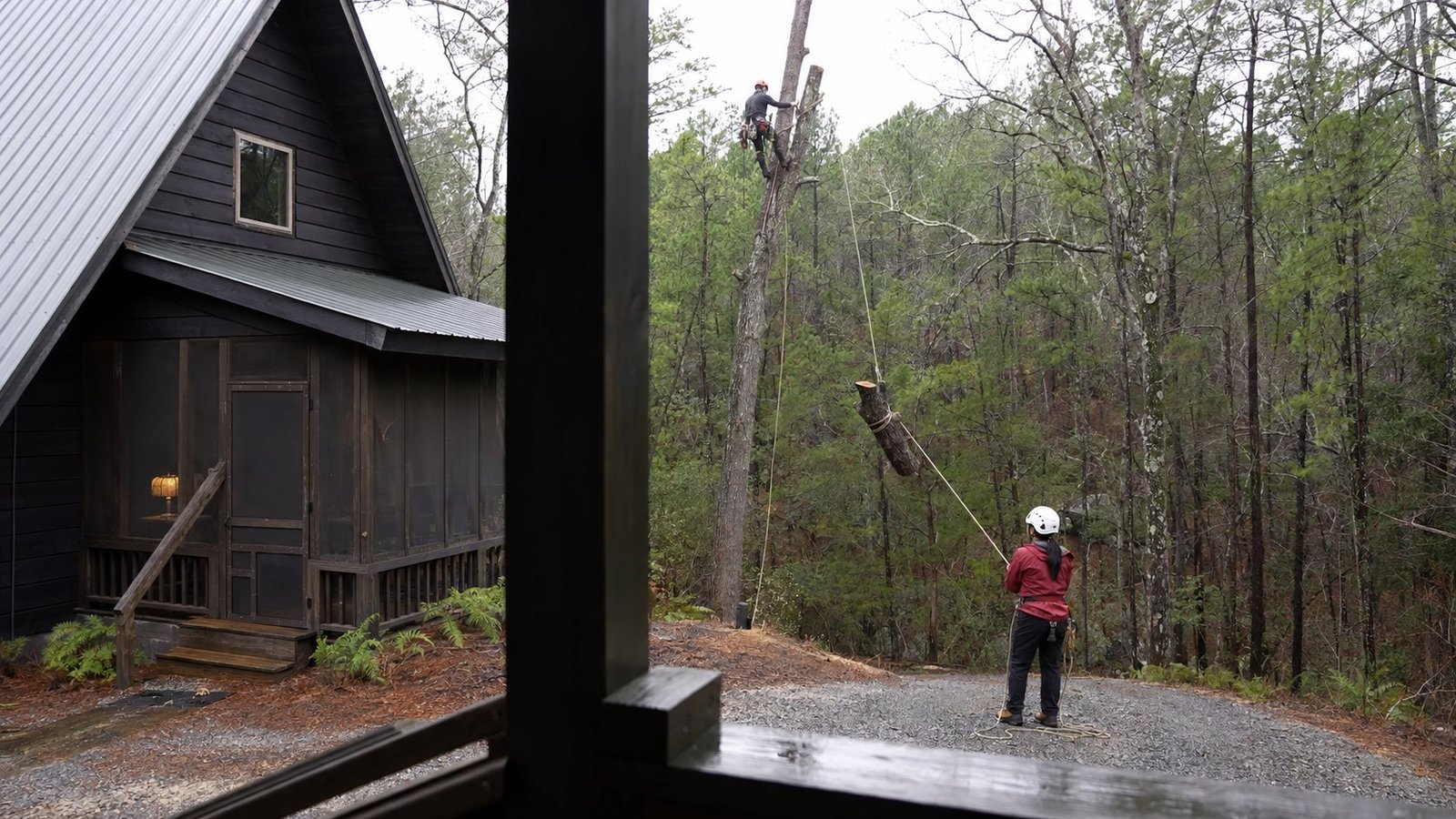 Crew removing a large oak tree from a Longview, TX backyard