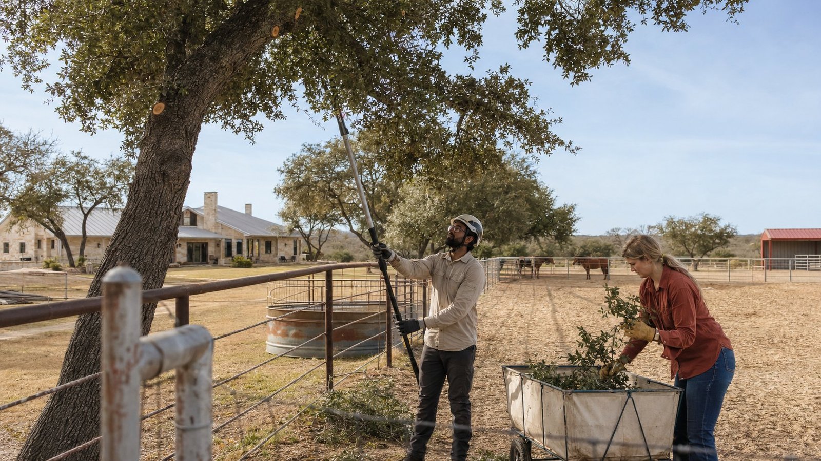 Climber pruning a tall pine canopy in Longview, TX
